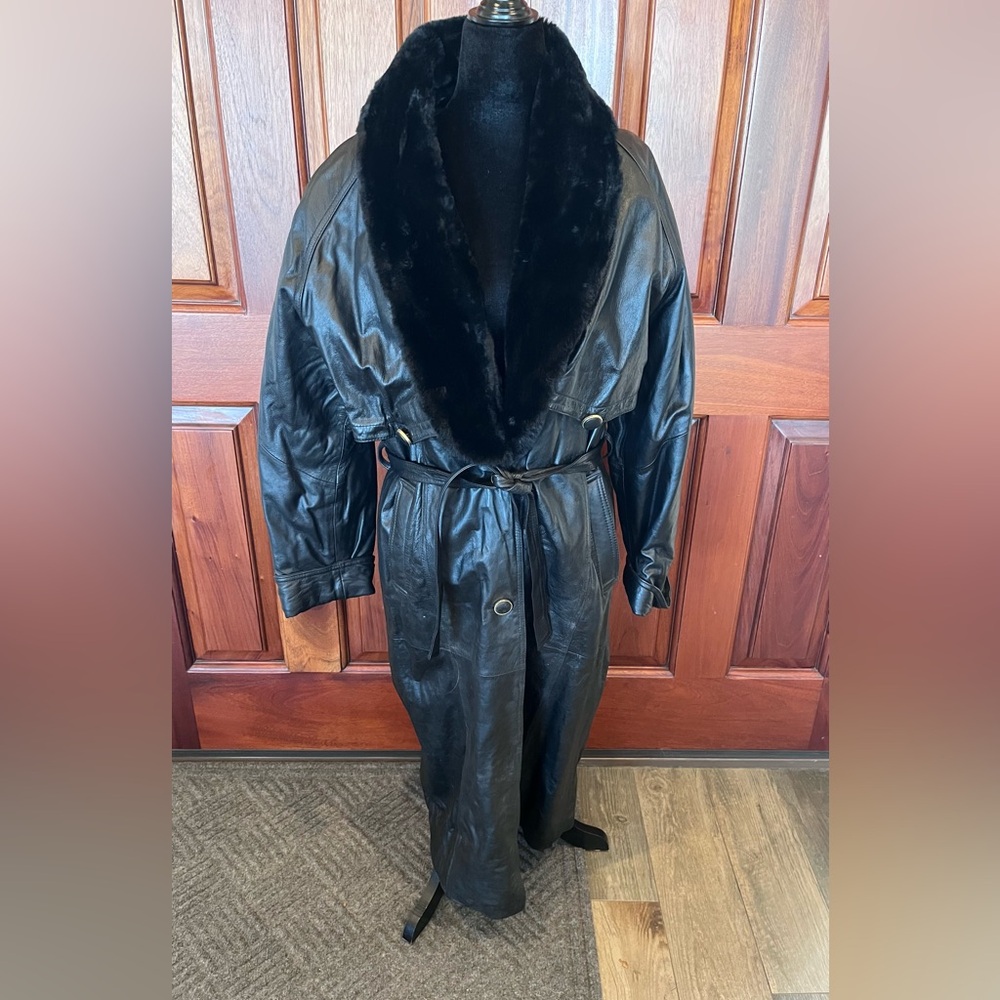 Rare H.B. Leather High Fashion Trench Long Coat Faux Fur Trim Zip Out Lining LG